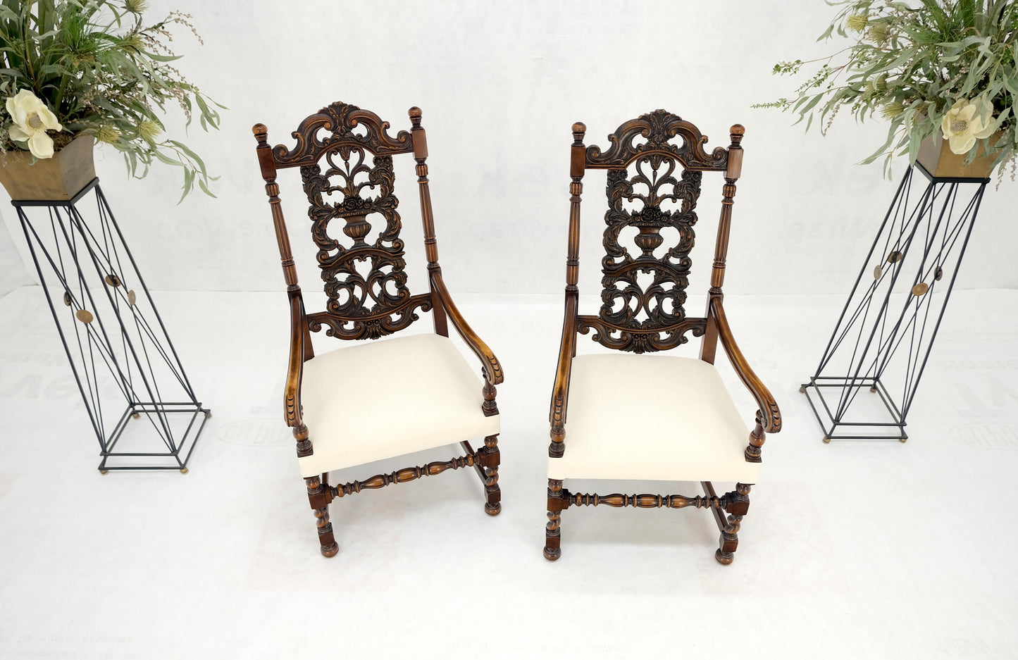 Pair of Carved Walnut Tall Backs New Upholstery Fireside Arm Side Chairs MINT!