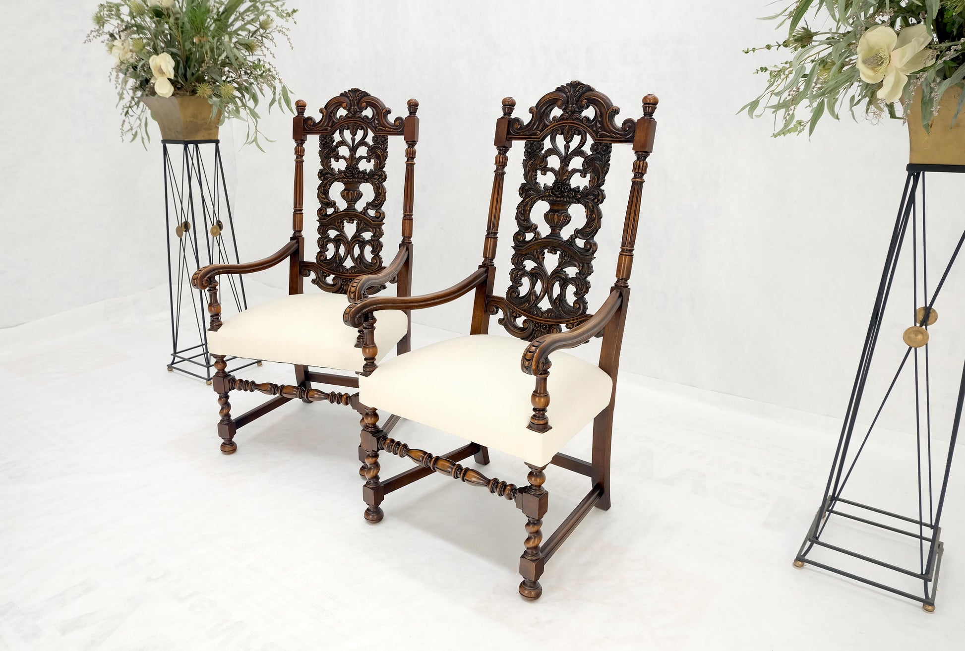 Pair of Carved Walnut Tall Backs New Upholstery Fireside Arm Side Chairs MINT!