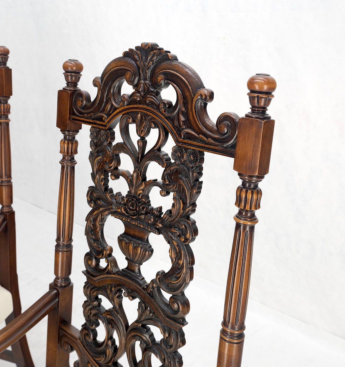 Pair of Carved Walnut Tall Backs New Upholstery Fireside Arm Side Chairs MINT!