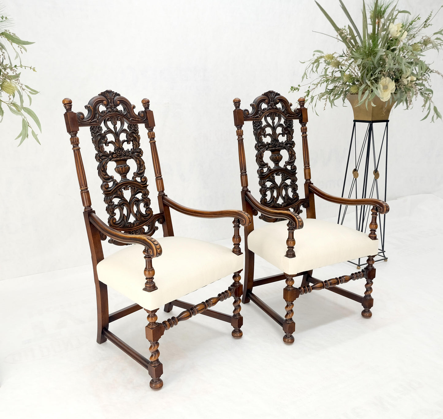 Pair of Carved Walnut Tall Backs New Upholstery Fireside Arm Side Chairs MINT!