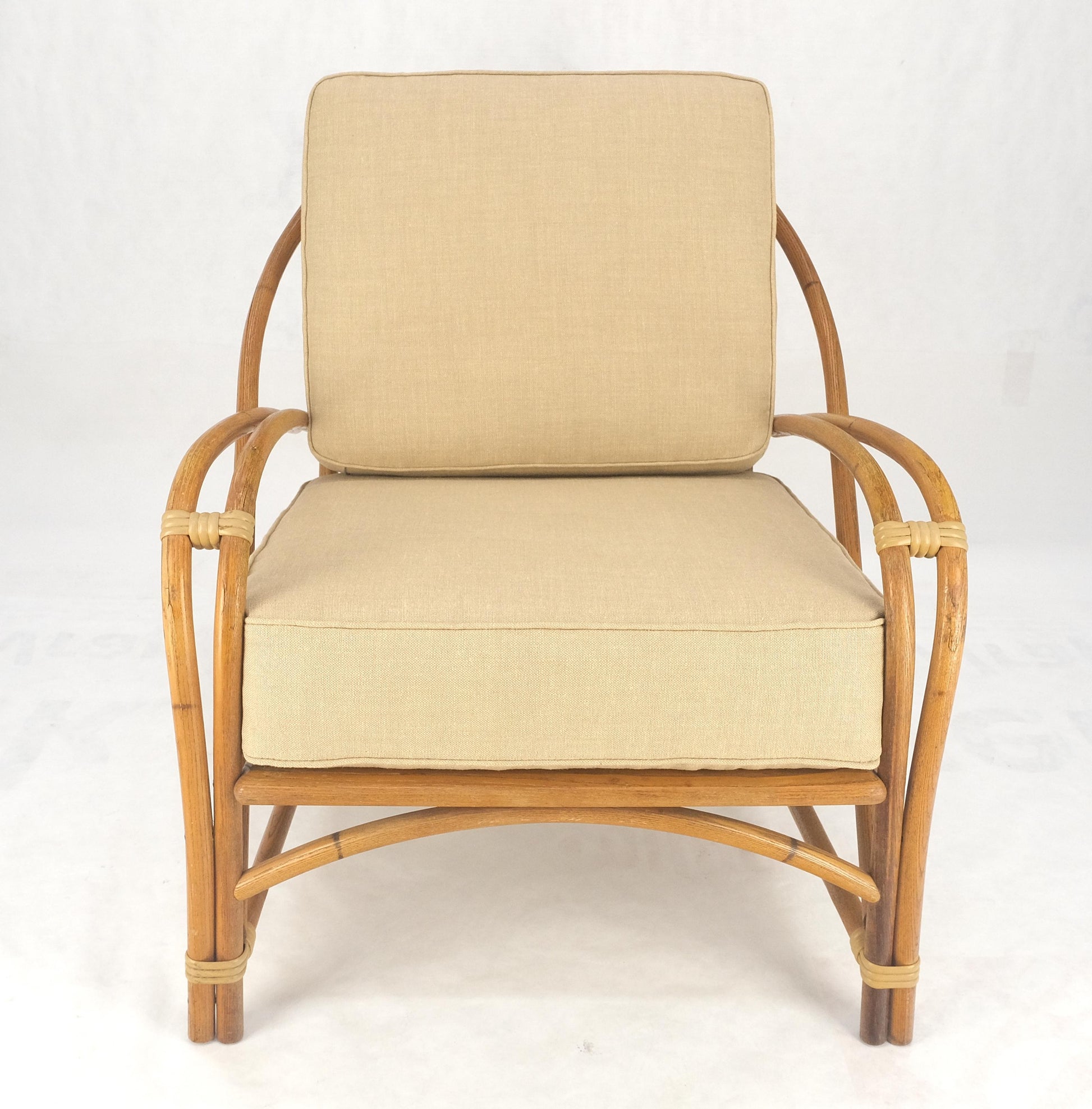 New Golden Linen Upholstery Bamboo Rattan Lounge Chair c1970s