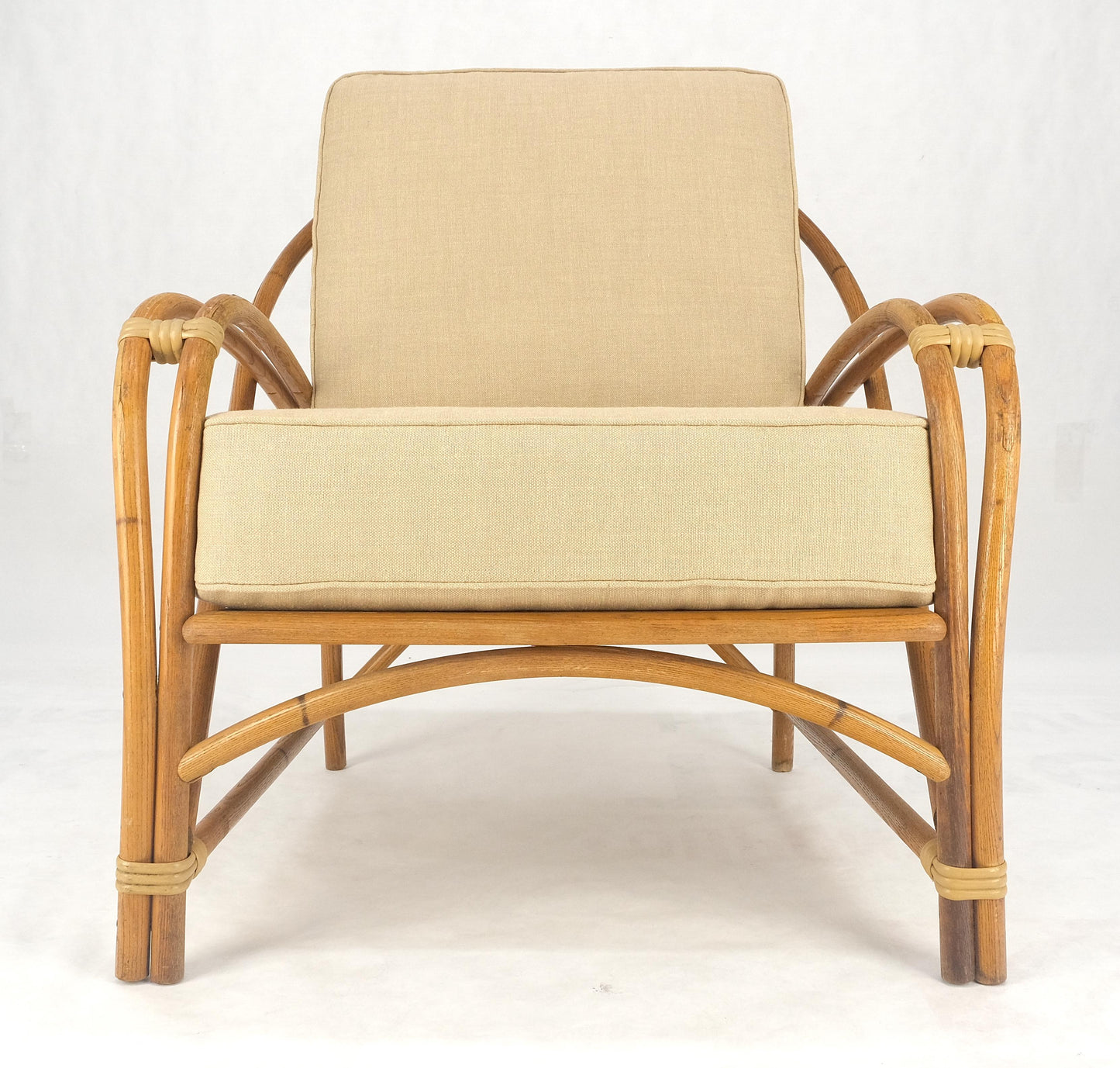 New Golden Linen Upholstery Bamboo Rattan Lounge Chair c1970s