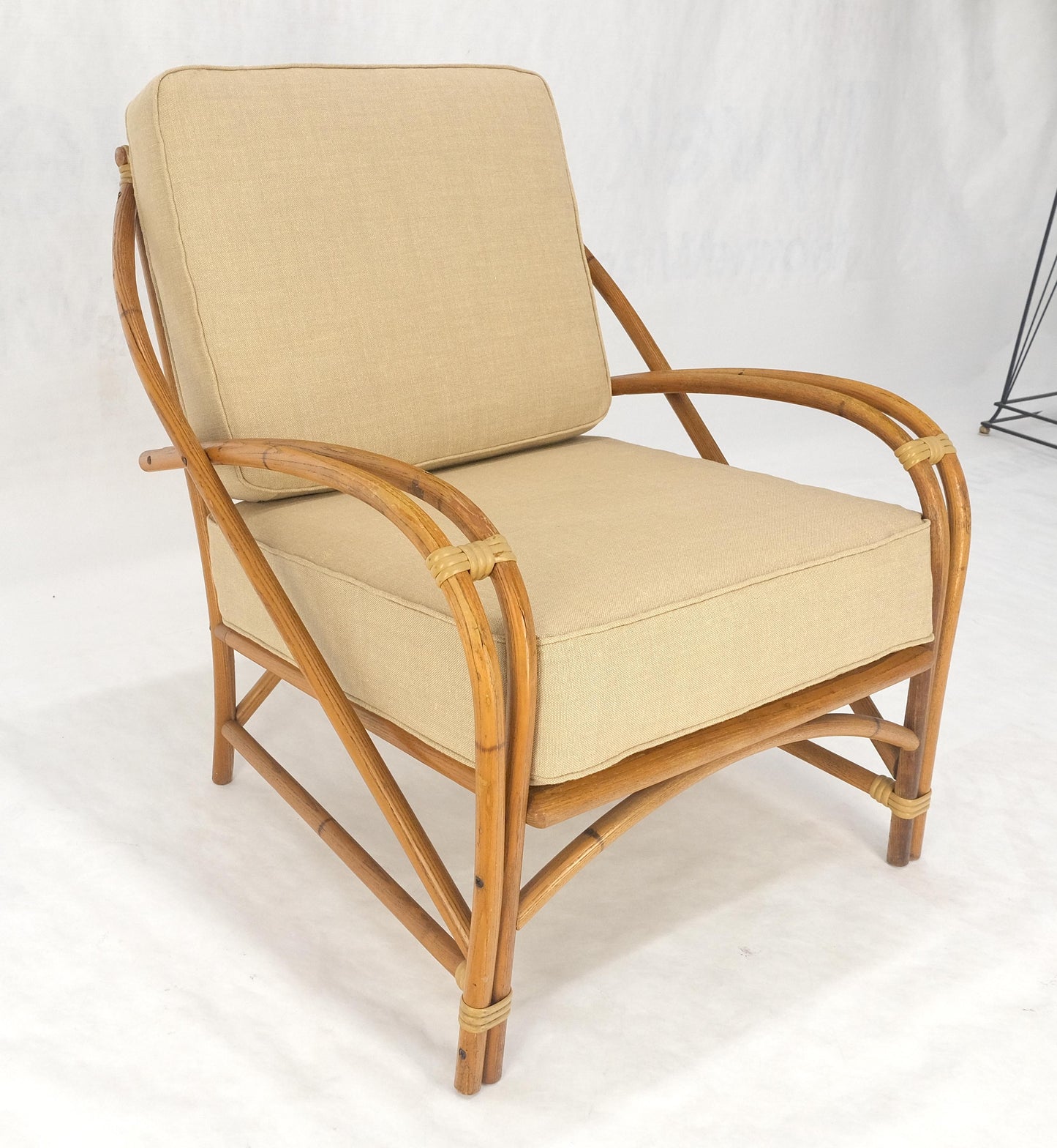 New Golden Linen Upholstery Bamboo Rattan Lounge Chair c1970s