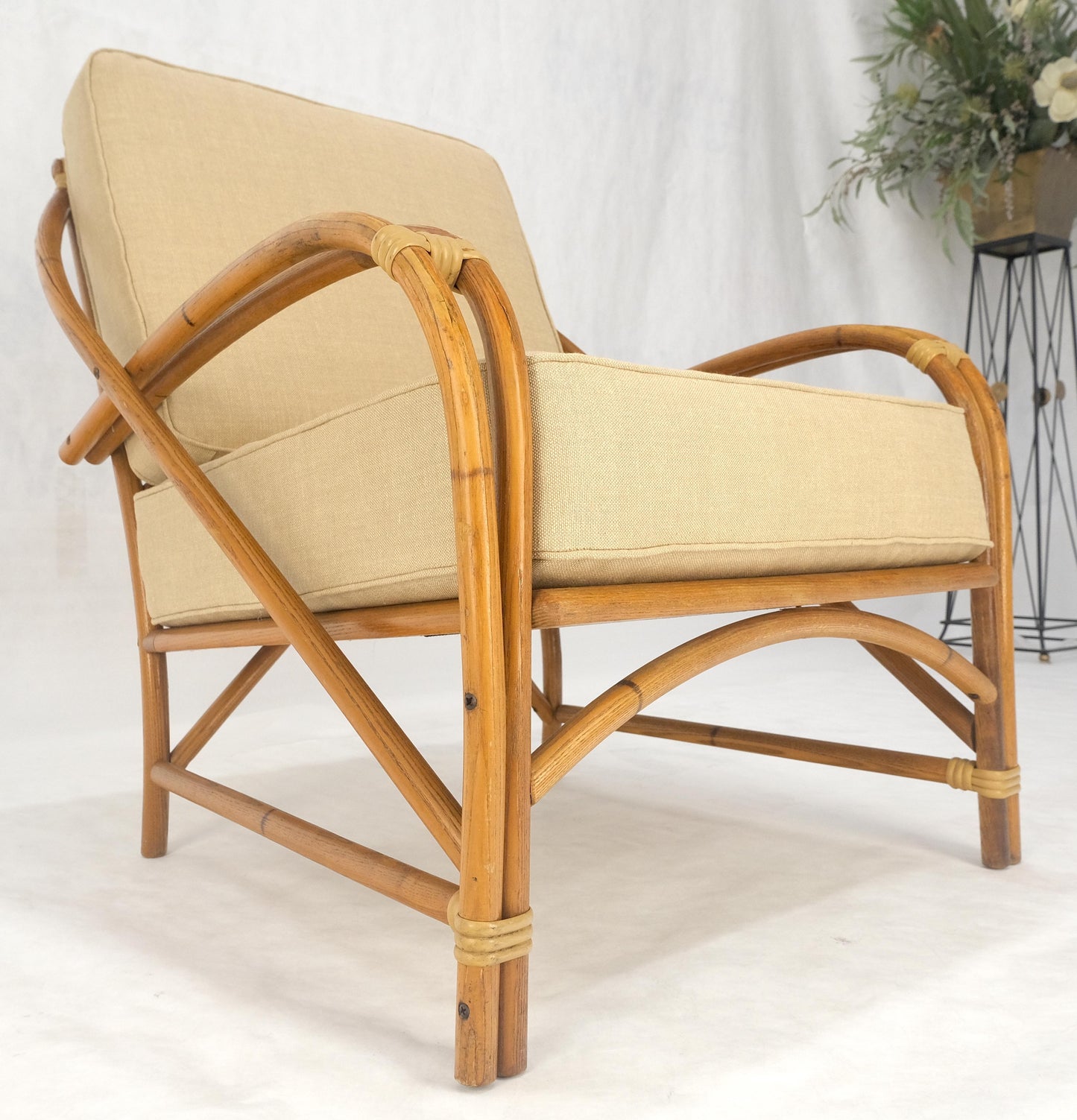 New Golden Linen Upholstery Bamboo Rattan Lounge Chair c1970s