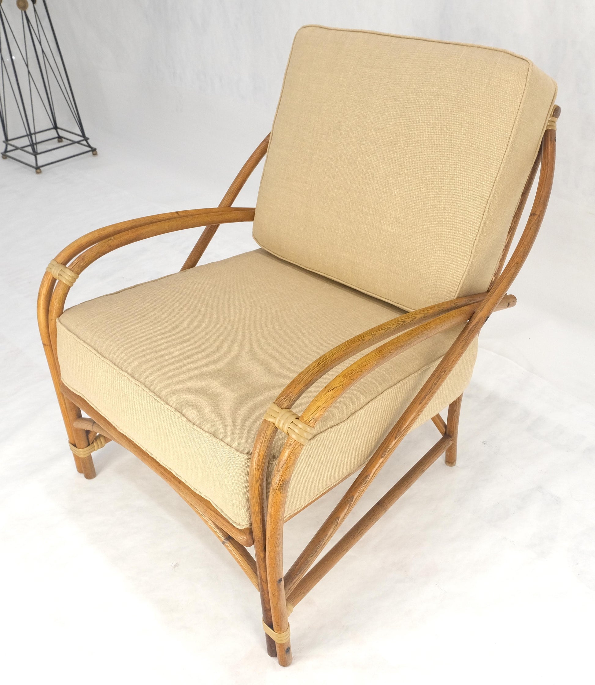 New Golden Linen Upholstery Bamboo Rattan Lounge Chair c1970s