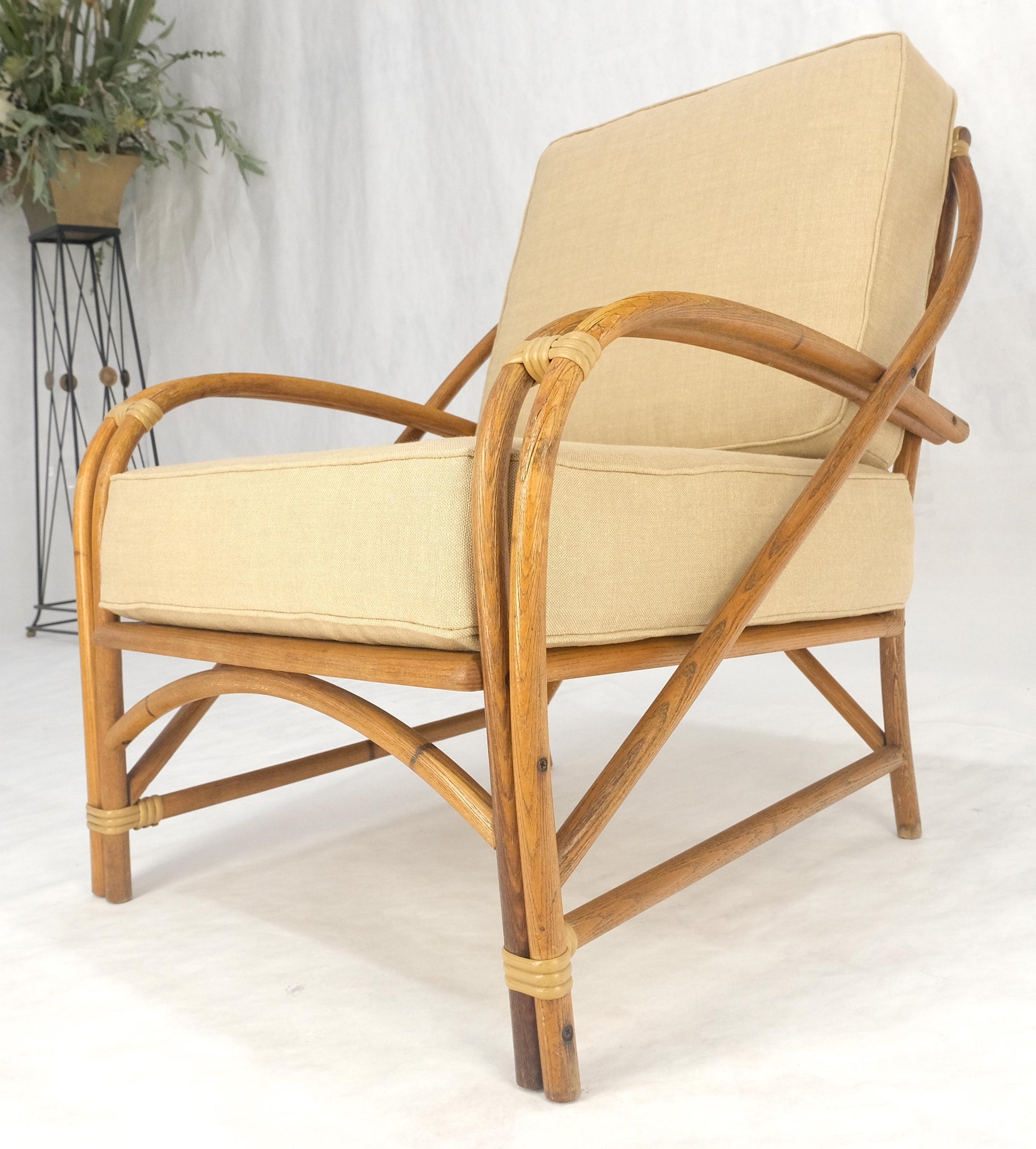 New Golden Linen Upholstery Bamboo Rattan Lounge Chair c1970s