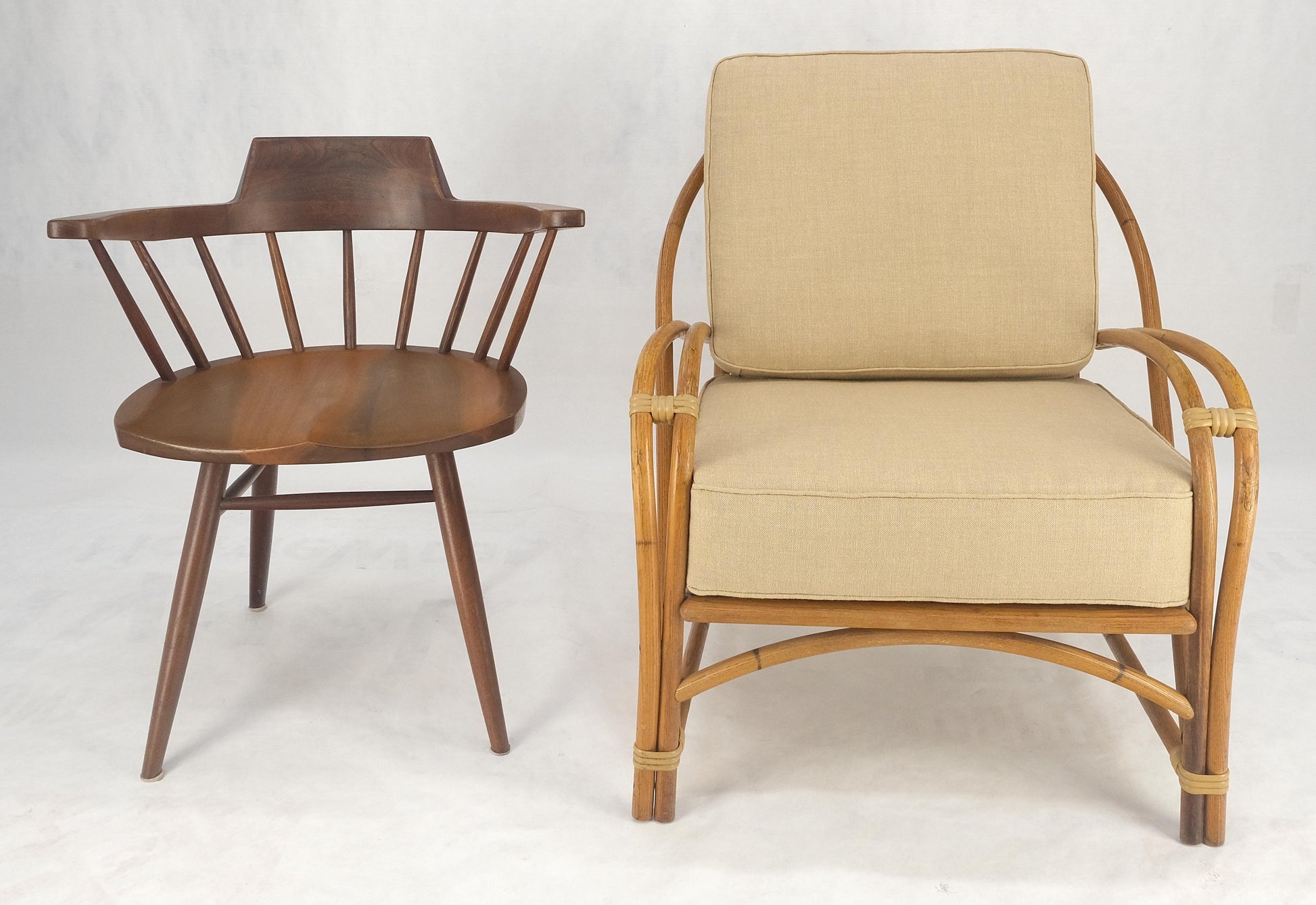 New Golden Linen Upholstery Bamboo Rattan Lounge Chair c1970s