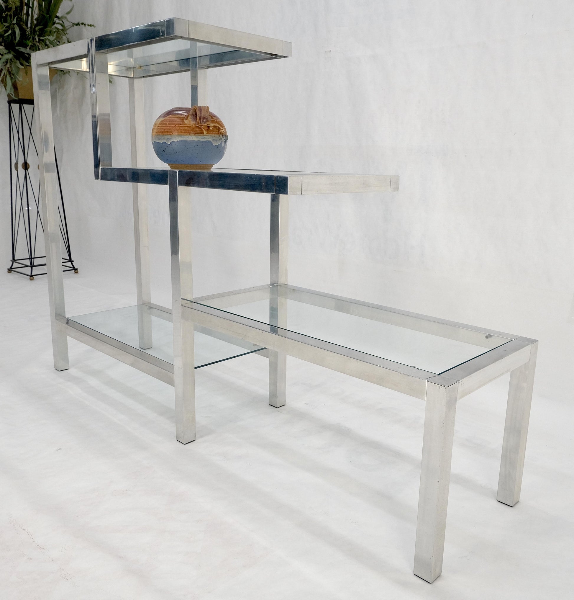 Aluminum & Glass Shelves Step Table Style Etagere Wall Unit