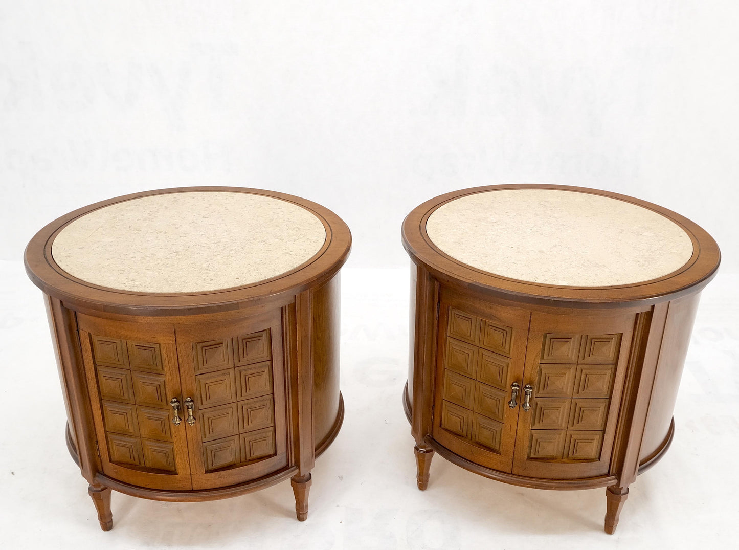 Pair Round Drum Barrel Shape Travertine Top Two Doors End Side Tables Stand Mint