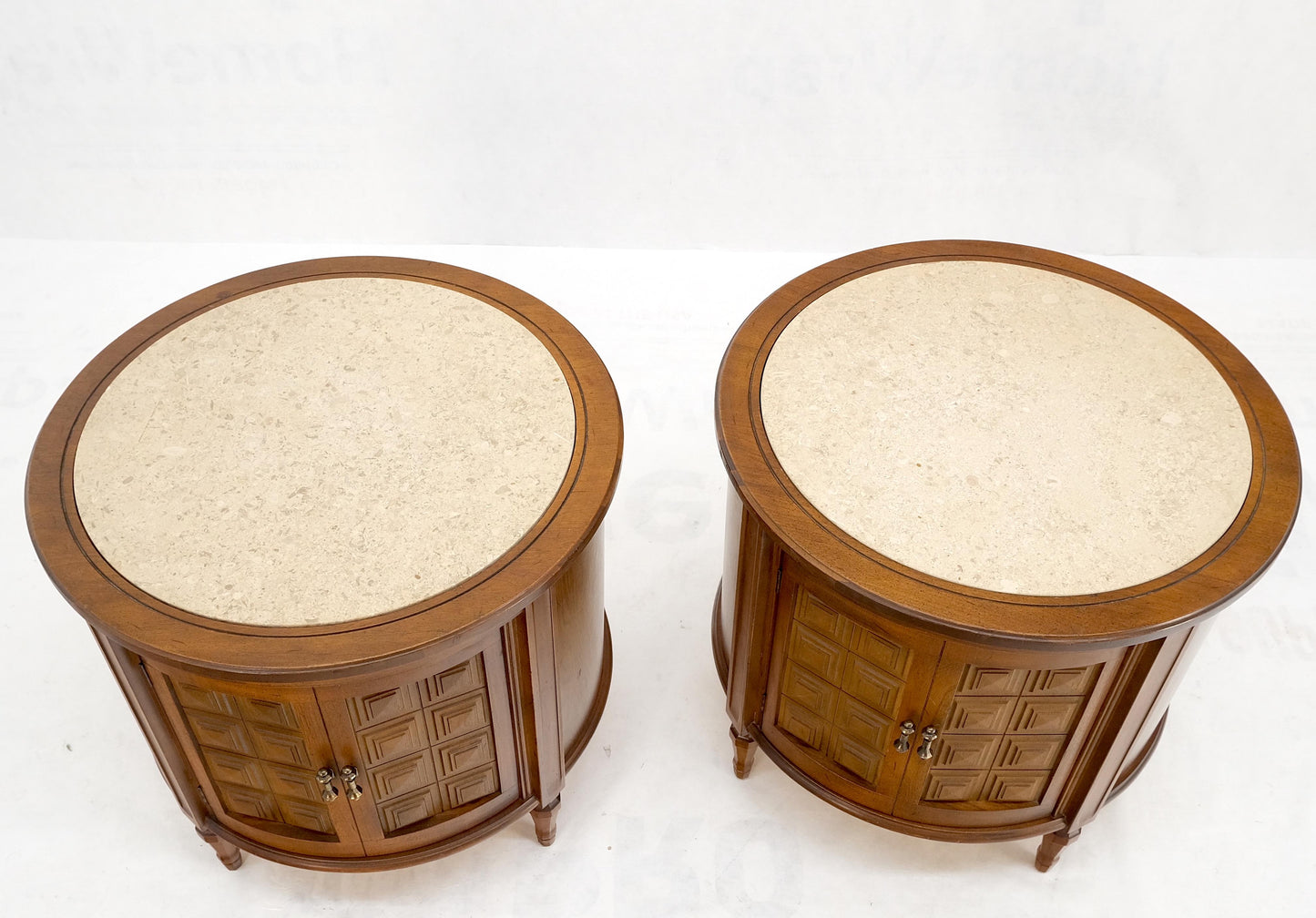 Pair Round Drum Barrel Shape Travertine Top Two Doors End Side Tables Stand Mint