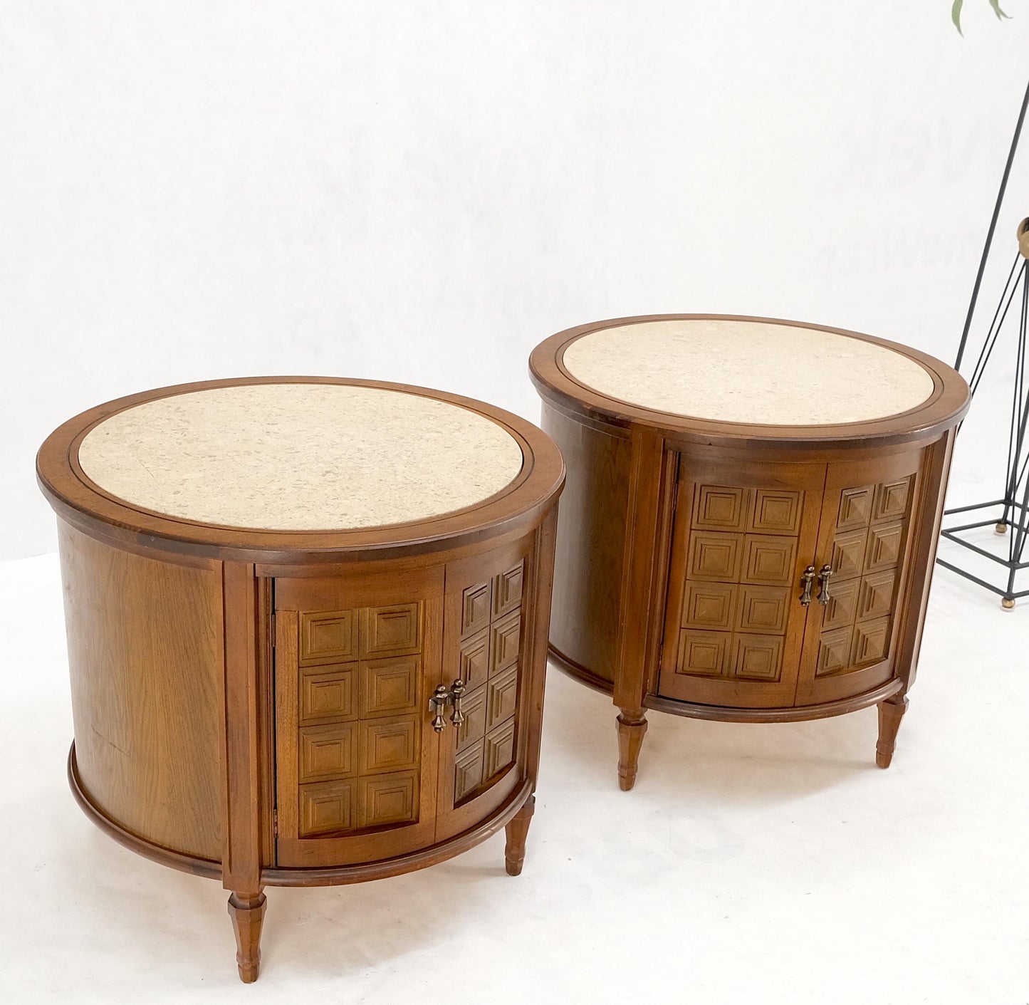 Pair Round Drum Barrel Shape Travertine Top Two Doors End Side Tables Stand Mint