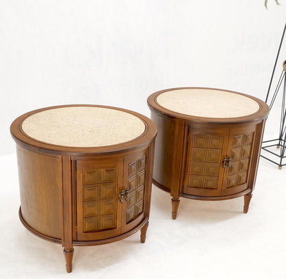 Pair Round Drum Barrel Shape Travertine Top Two Doors End Side Tables Stand Mint