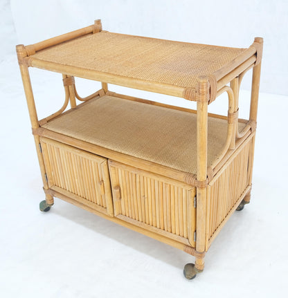 Rattan Cane Bamboo Mid Century Modern Two Doors Compartment Rolling Bar Cart