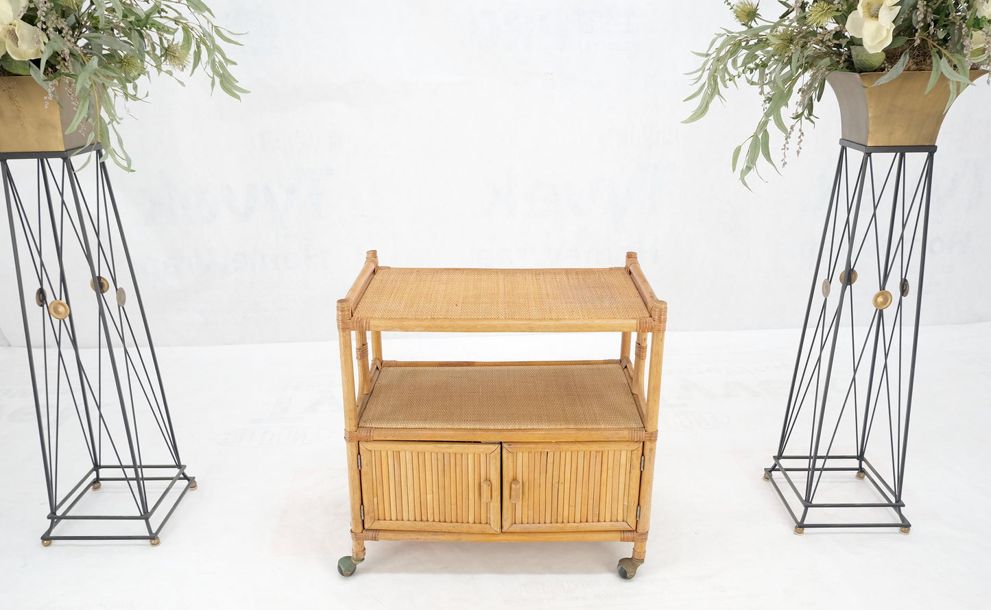 Rattan Cane Bamboo Mid Century Modern Two Doors Compartment Rolling Bar Cart