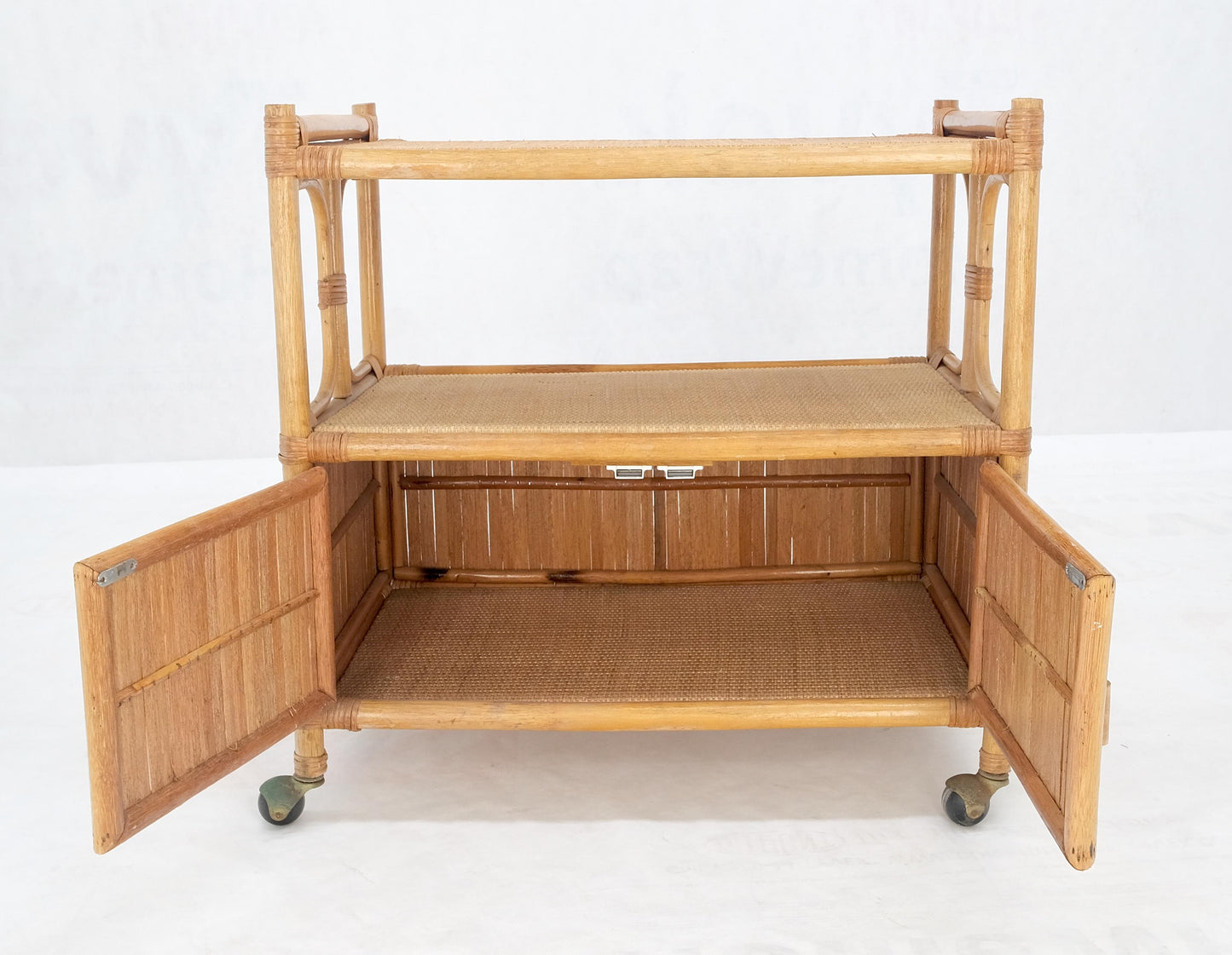 Rattan Cane Bamboo Mid Century Modern Two Doors Compartment Rolling Bar Cart