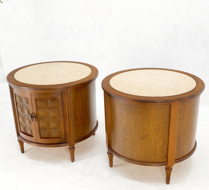 Pair Round Drum Barrel Shape Travertine Top Two Doors End Side Tables Stand Mint