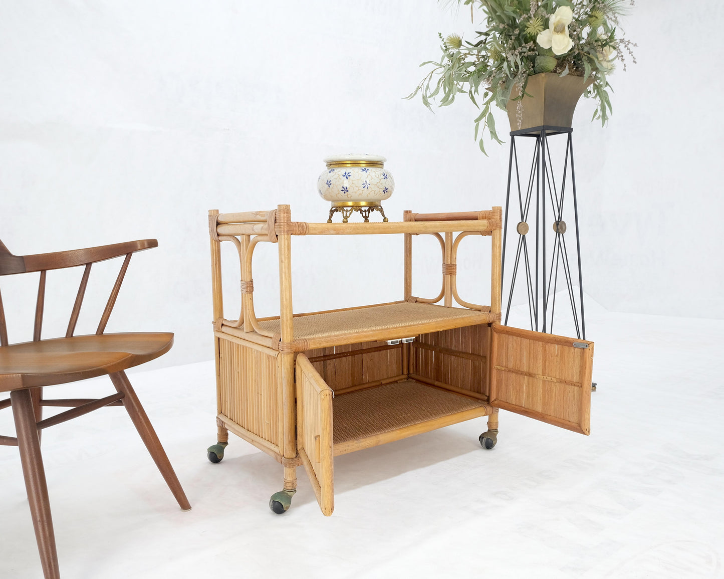 Rattan Cane Bamboo Mid Century Modern Two Doors Compartment Rolling Bar Cart