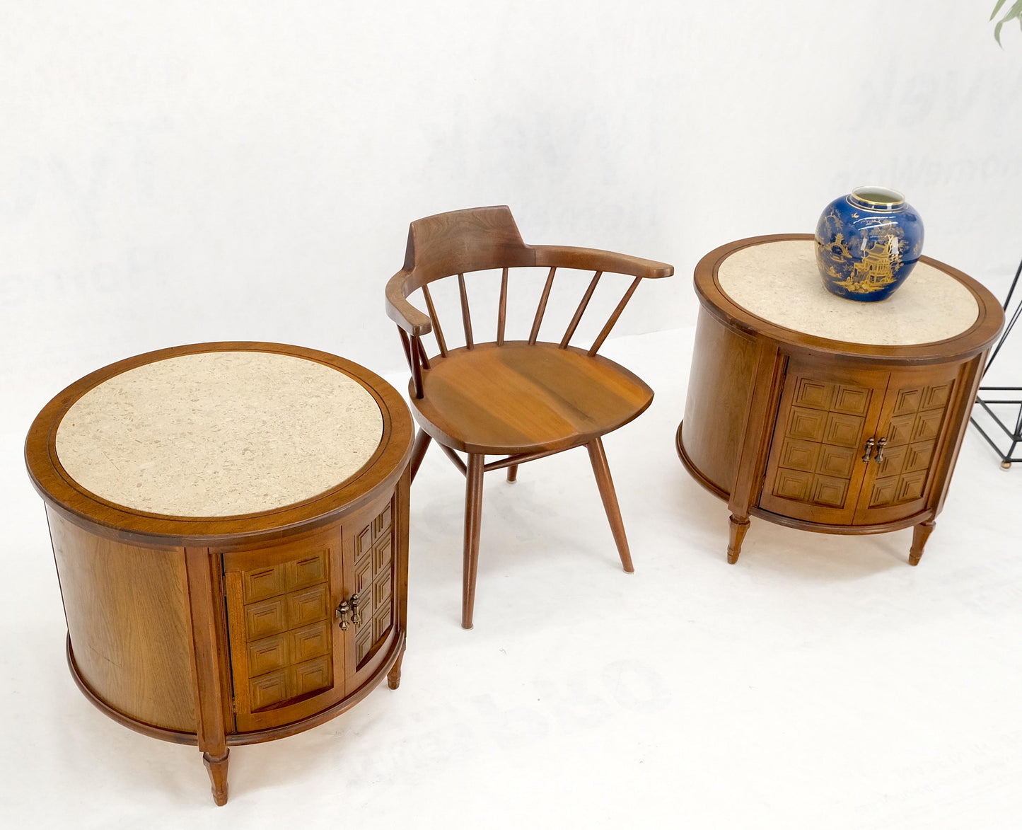 Pair Round Drum Barrel Shape Travertine Top Two Doors End Side Tables Stand Mint