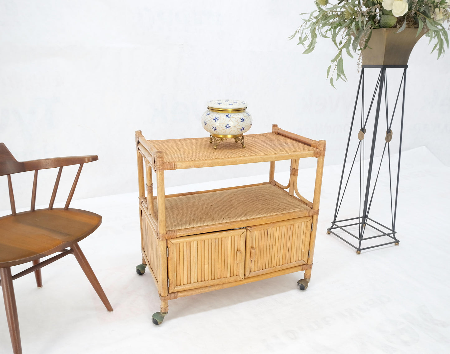 Rattan Cane Bamboo Mid Century Modern Two Doors Compartment Rolling Bar Cart