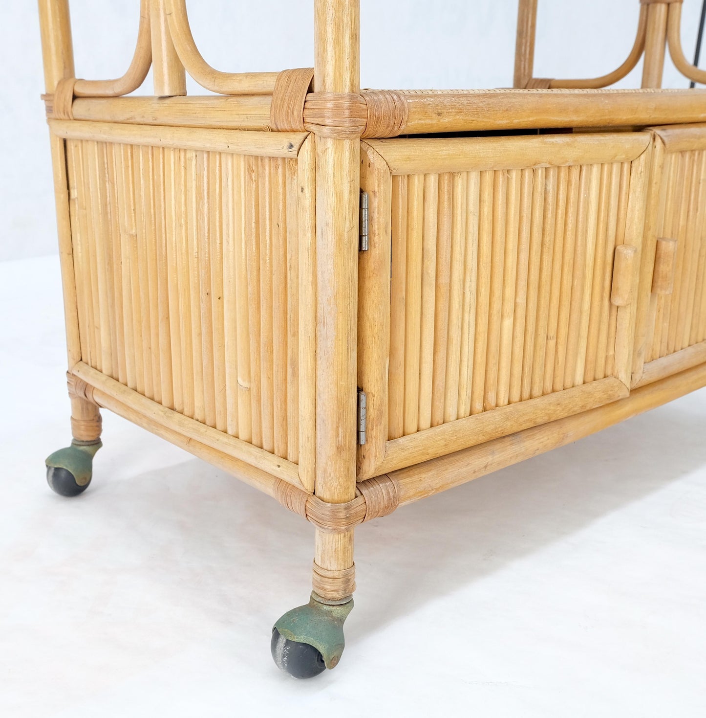 Rattan Cane Bamboo Mid Century Modern Two Doors Compartment Rolling Bar Cart