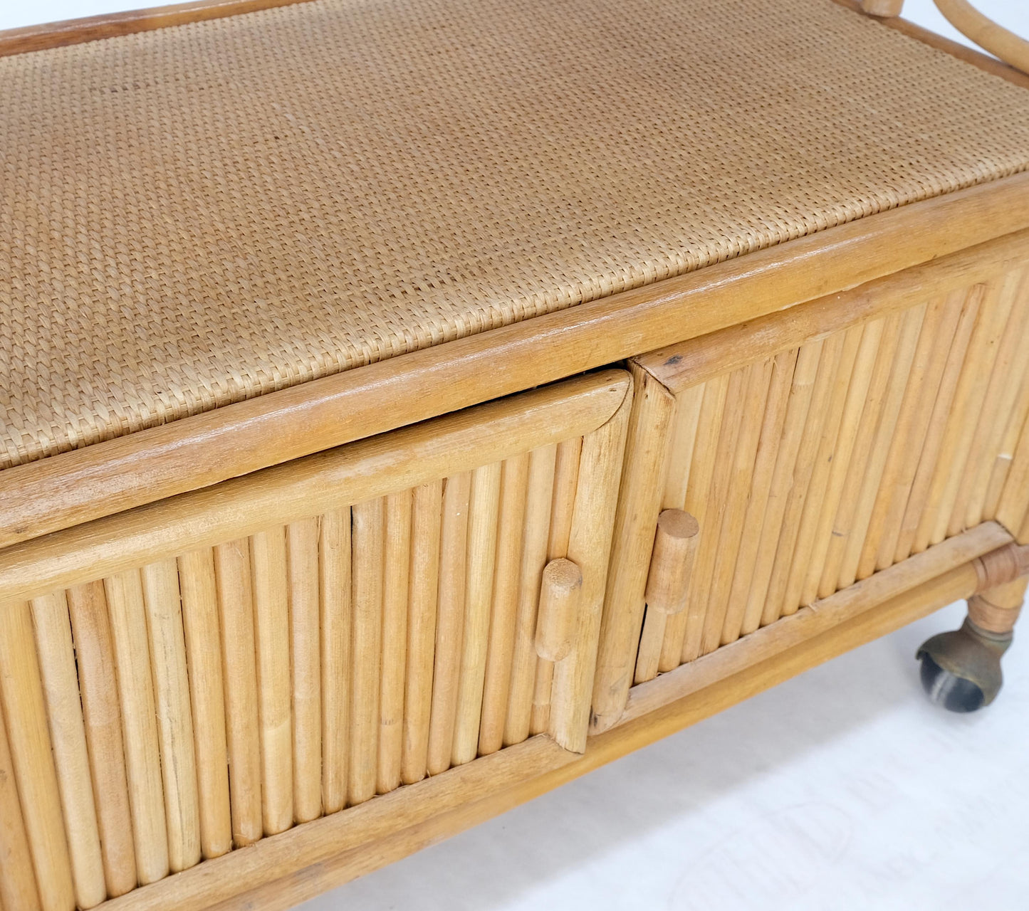 Rattan Cane Bamboo Mid Century Modern Two Doors Compartment Rolling Bar Cart