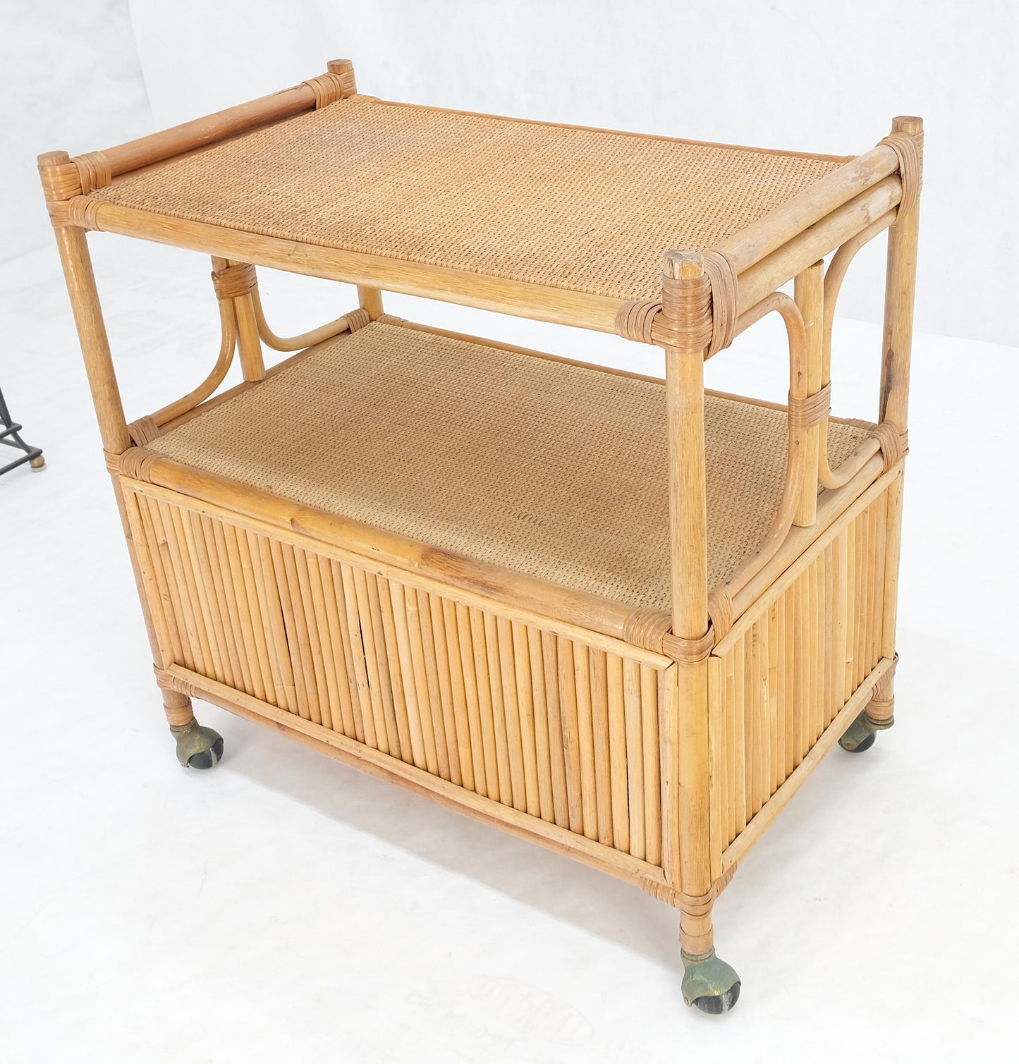 Rattan Cane Bamboo Mid Century Modern Two Doors Compartment Rolling Bar Cart