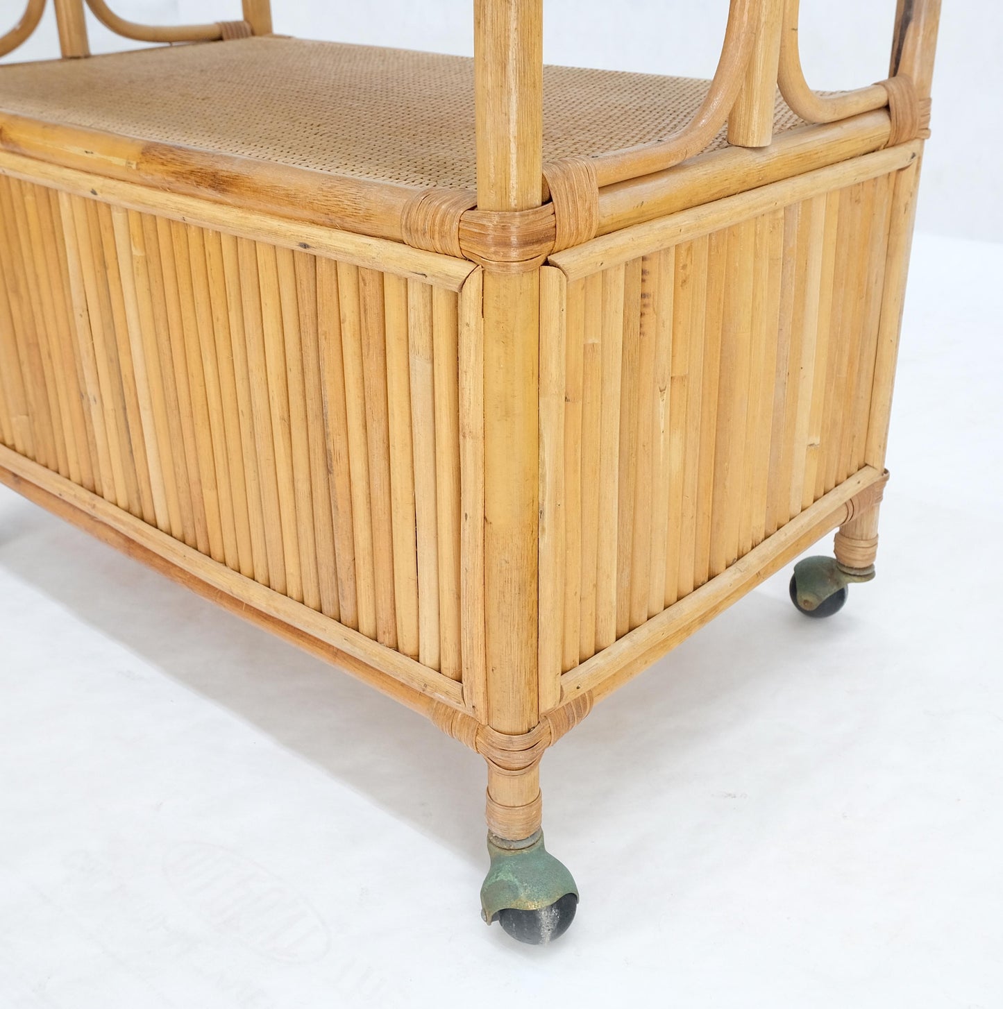 Rattan Cane Bamboo Mid Century Modern Two Doors Compartment Rolling Bar Cart