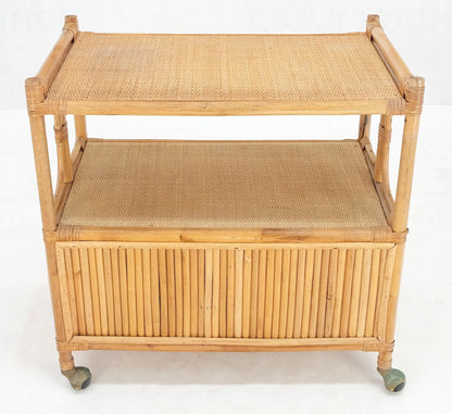 Rattan Cane Bamboo Mid Century Modern Two Doors Compartment Rolling Bar Cart