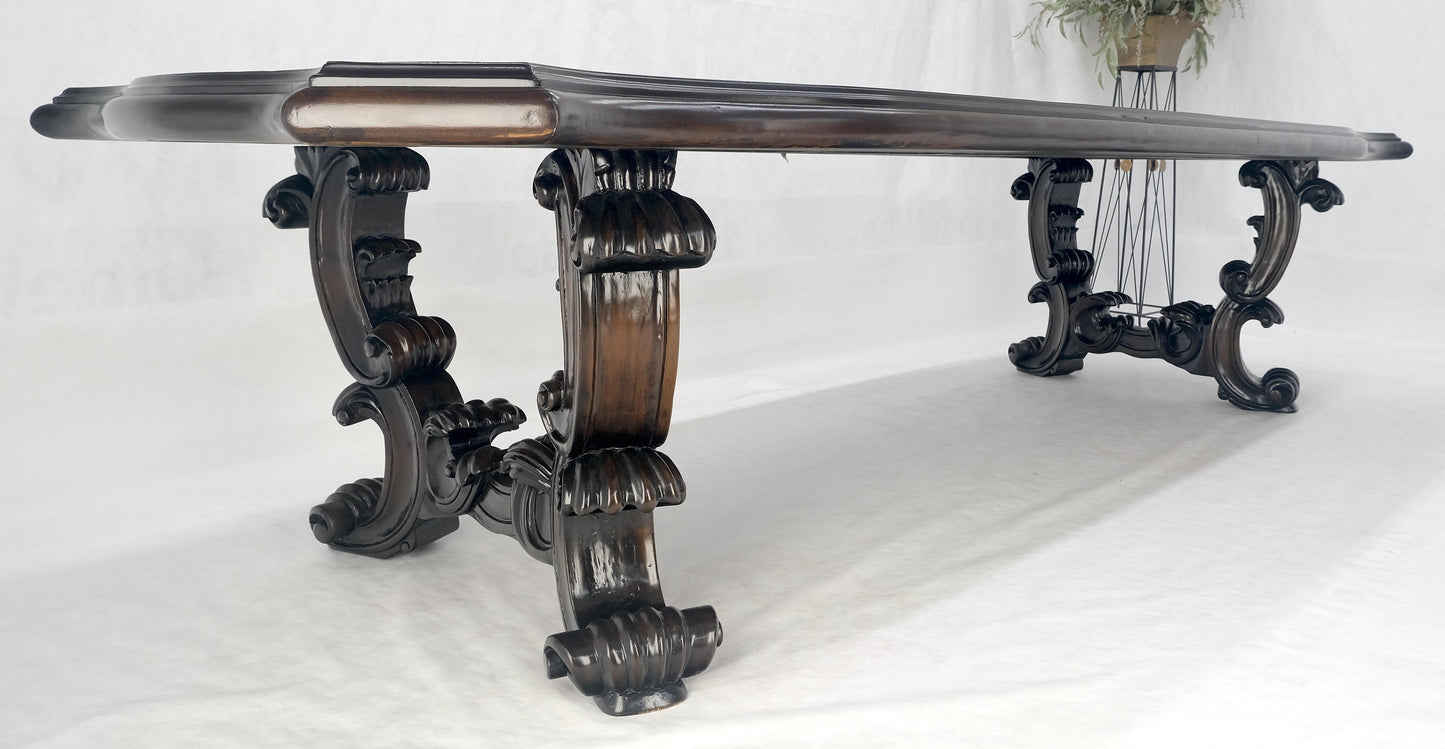 Large 10' Long Heavily Carved Base Scroll Shape Thick Top Dining Table MINT