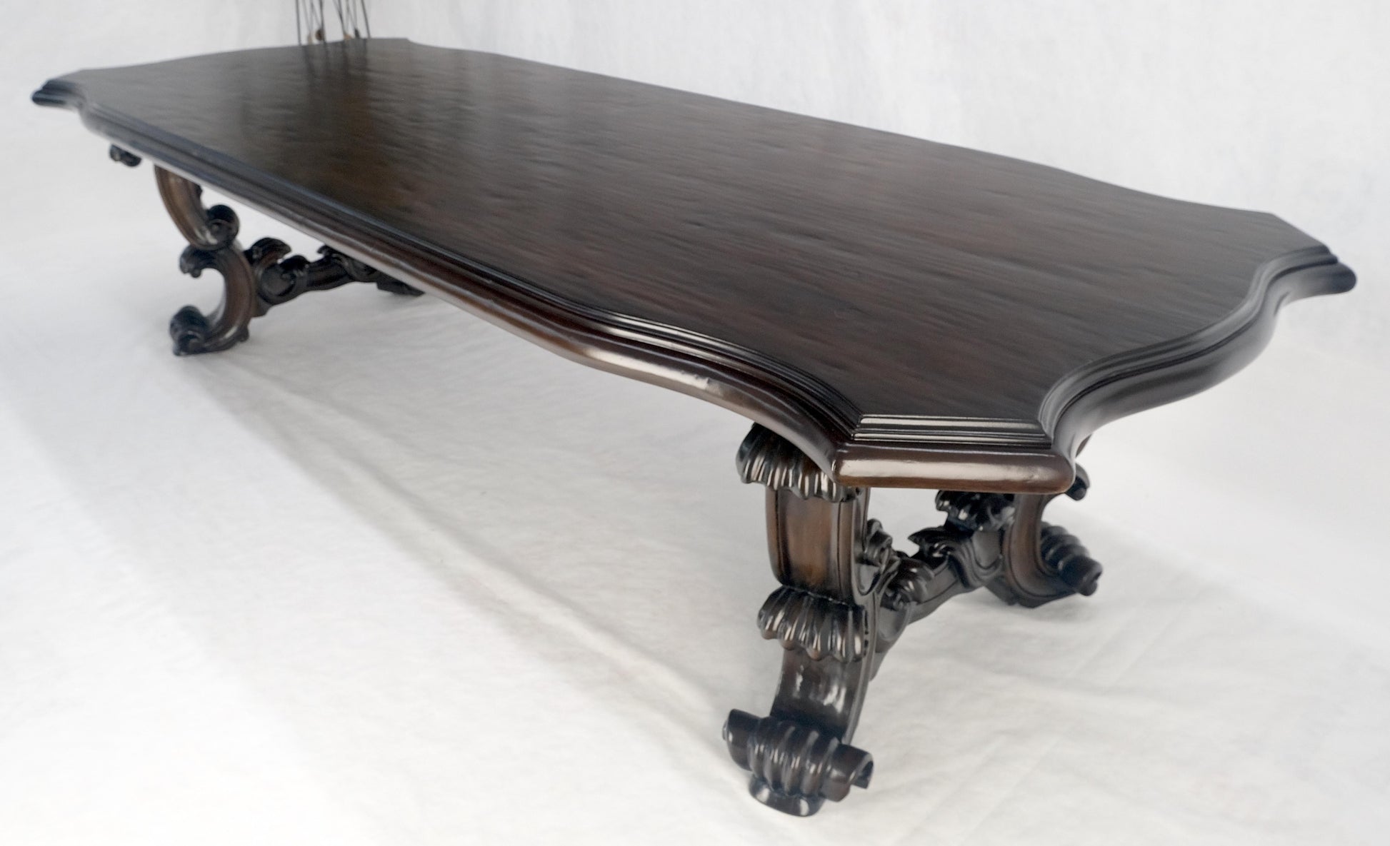 Large 10' Long Heavily Carved Base Scroll Shape Thick Top Dining Table MINT