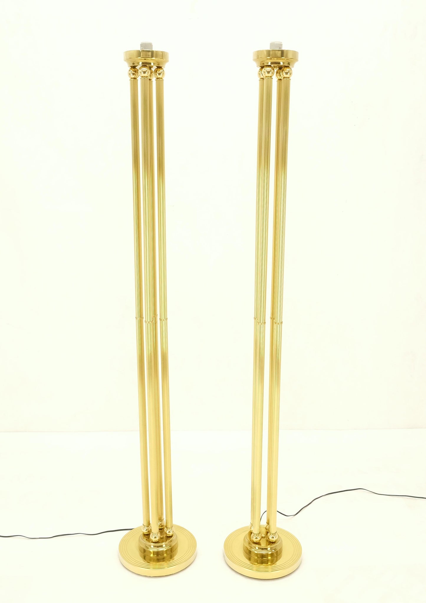 Pair of Mid Century Modern Brass Etched Glass Shades Torcheres Floor Lamps MINT!