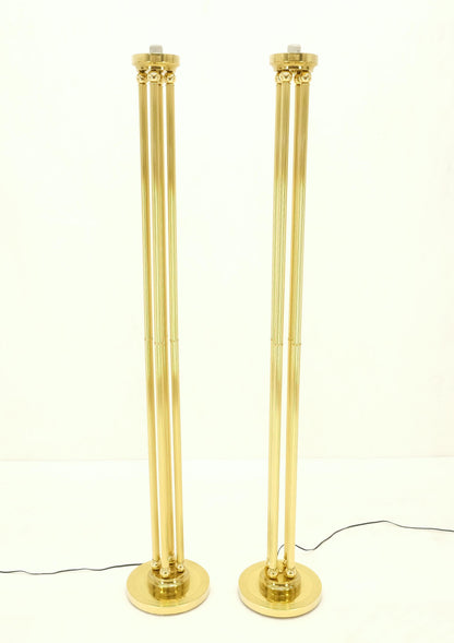 Pair of Mid Century Modern Brass Etched Glass Shades Torcheres Floor Lamps MINT!