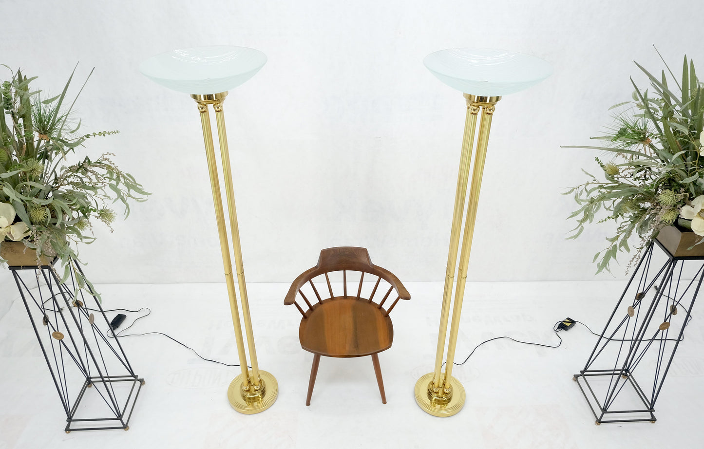 Pair of Mid Century Modern Brass Etched Glass Shades Torcheres Floor Lamps MINT!