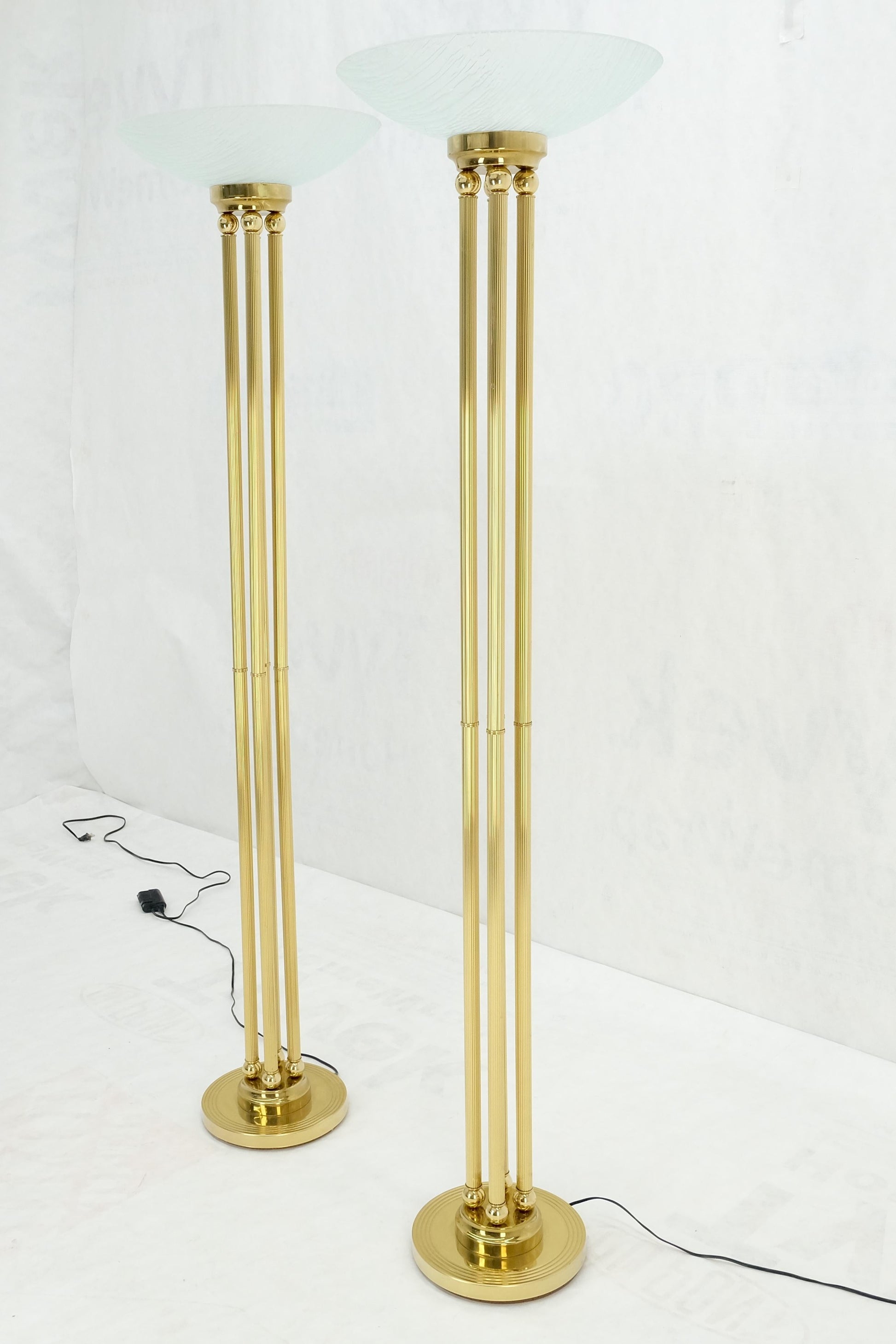 Pair of Mid Century Modern Brass Etched Glass Shades Torcheres Floor Lamps MINT!