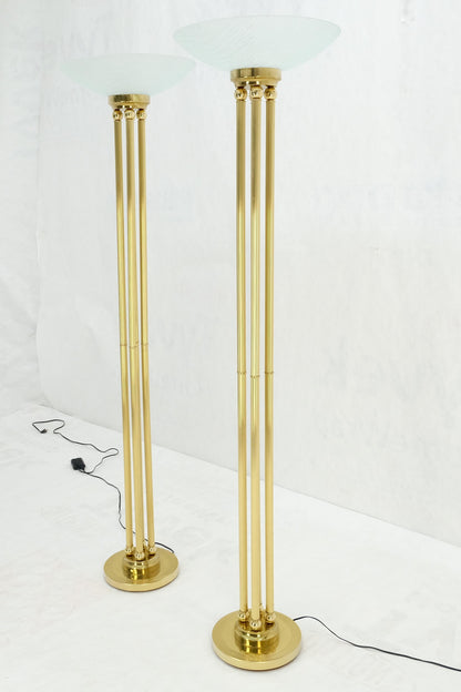 Pair of Mid Century Modern Brass Etched Glass Shades Torcheres Floor Lamps MINT!