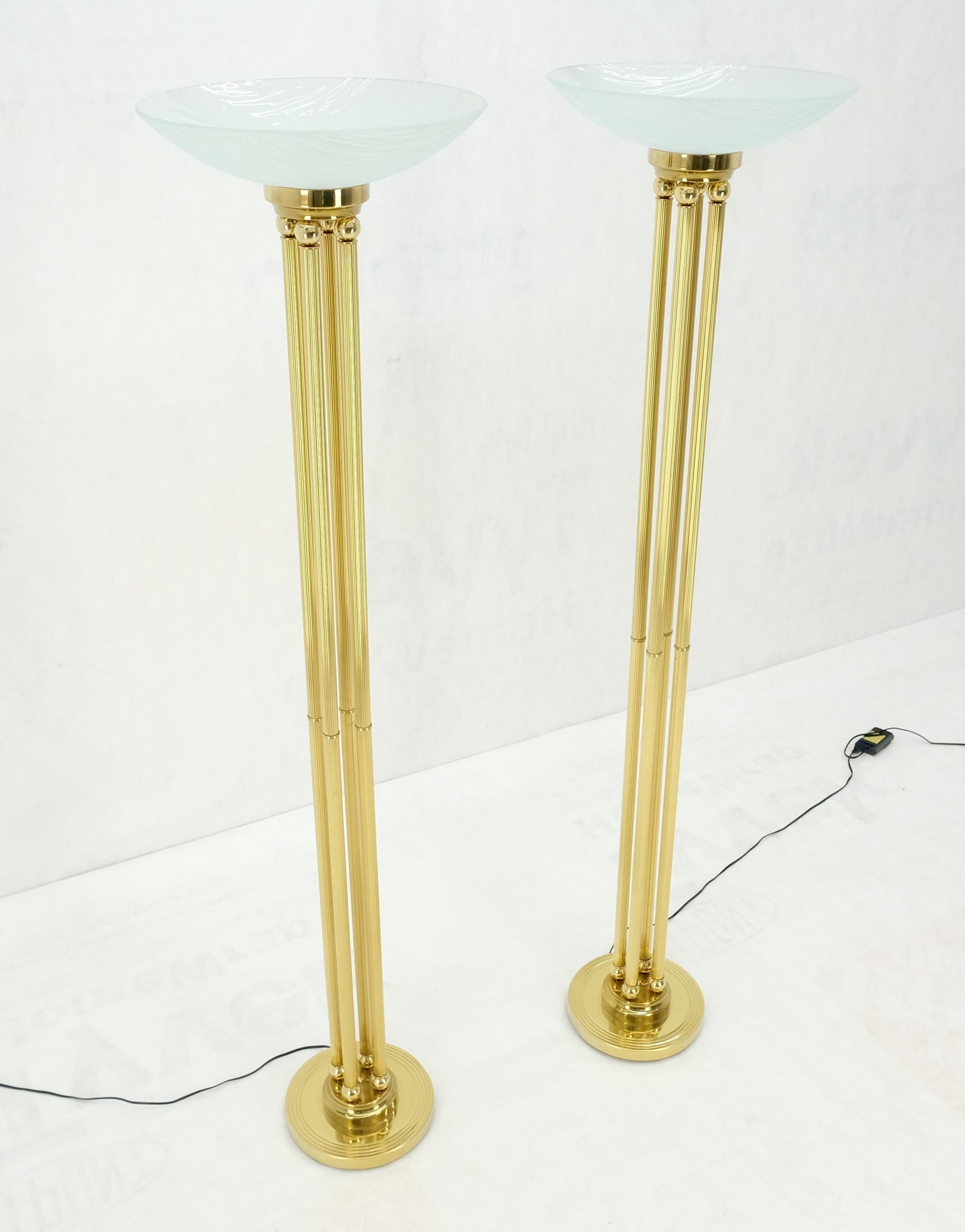 Pair of Mid Century Modern Brass Etched Glass Shades Torcheres Floor Lamps MINT!