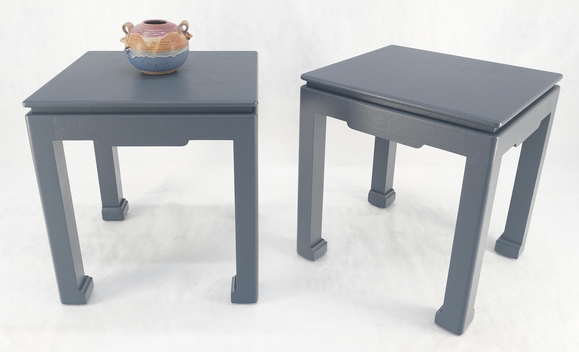 Pair 28"H Lacquered Linen Cloth Light Grey Square End Side Occasional Tables