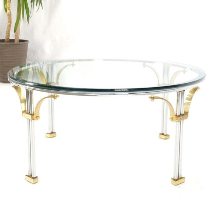 Round Glass Top Chrome Legs Solid Brass Stretchers & Feet Coffee Center Table