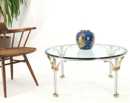 Round Glass Top Chrome Legs Solid Brass Stretchers & Feet Coffee Center Table