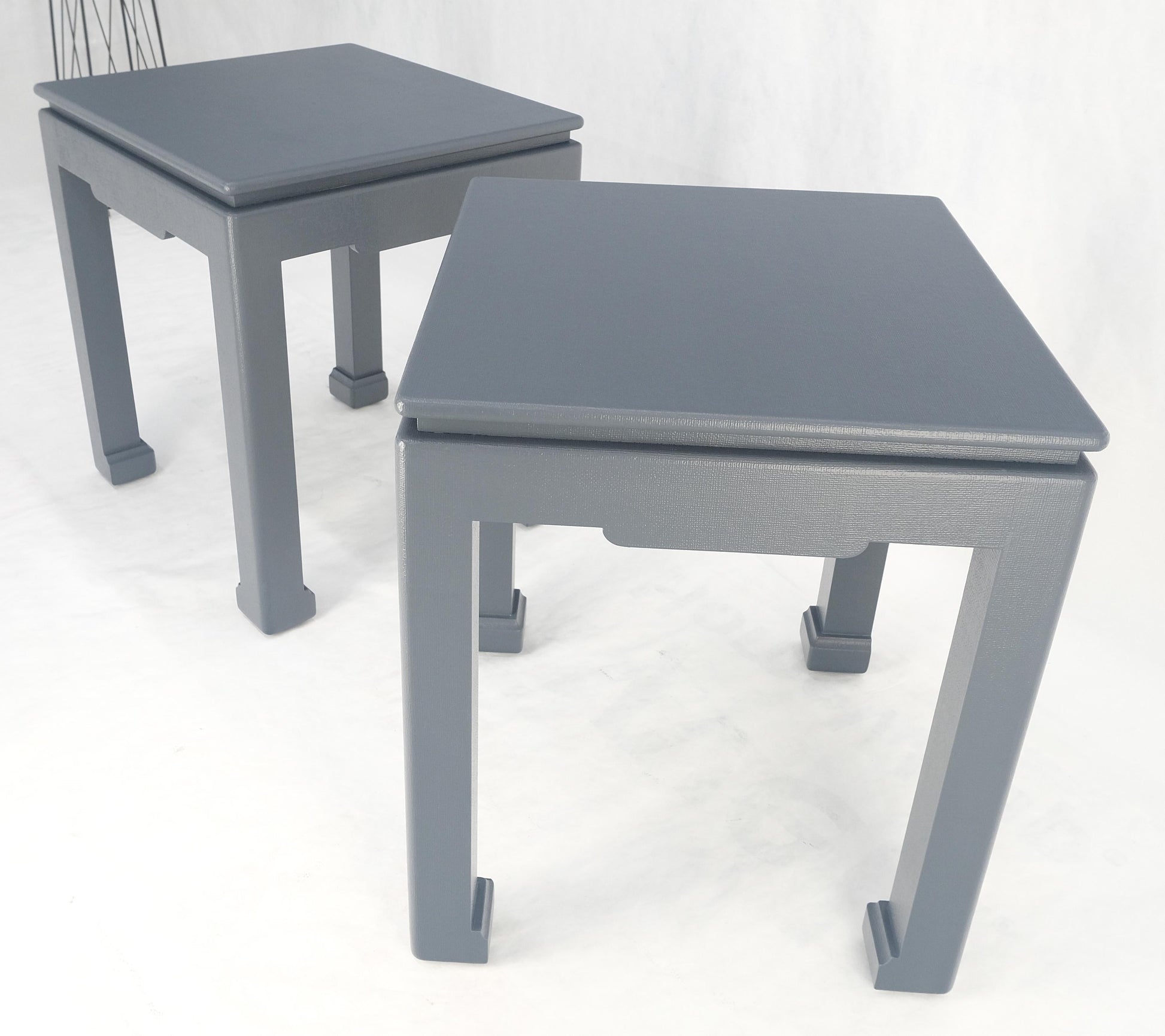 Pair 28"H Lacquered Linen Cloth Light Grey Square End Side Occasional Tables