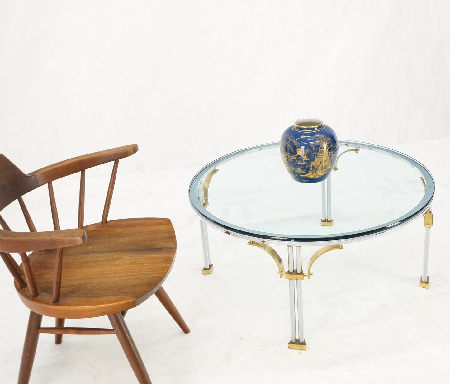 Round Glass Top Chrome Legs Solid Brass Stretchers & Feet Coffee Center Table