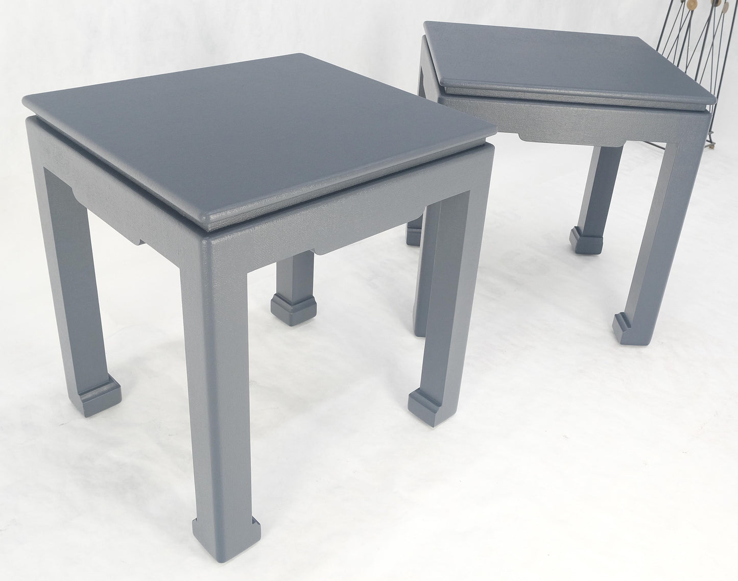 Pair 28"H Lacquered Linen Cloth Light Grey Square End Side Occasional Tables