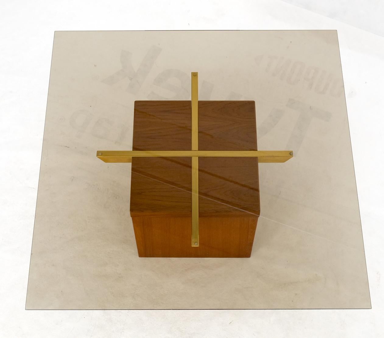 Teak Cube & Brass X Base Danish Modern Bronze Smoked Square Glass Coffee Table