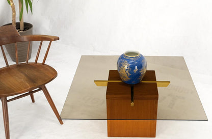 Teak Cube & Brass X Base Danish Modern Bronze Smoked Square Glass Coffee Table