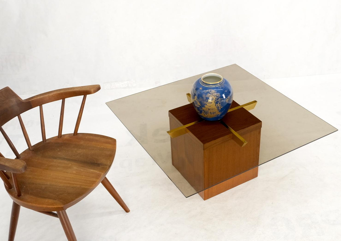 Teak Cube & Brass X Base Danish Modern Bronze Smoked Square Glass Coffee Table