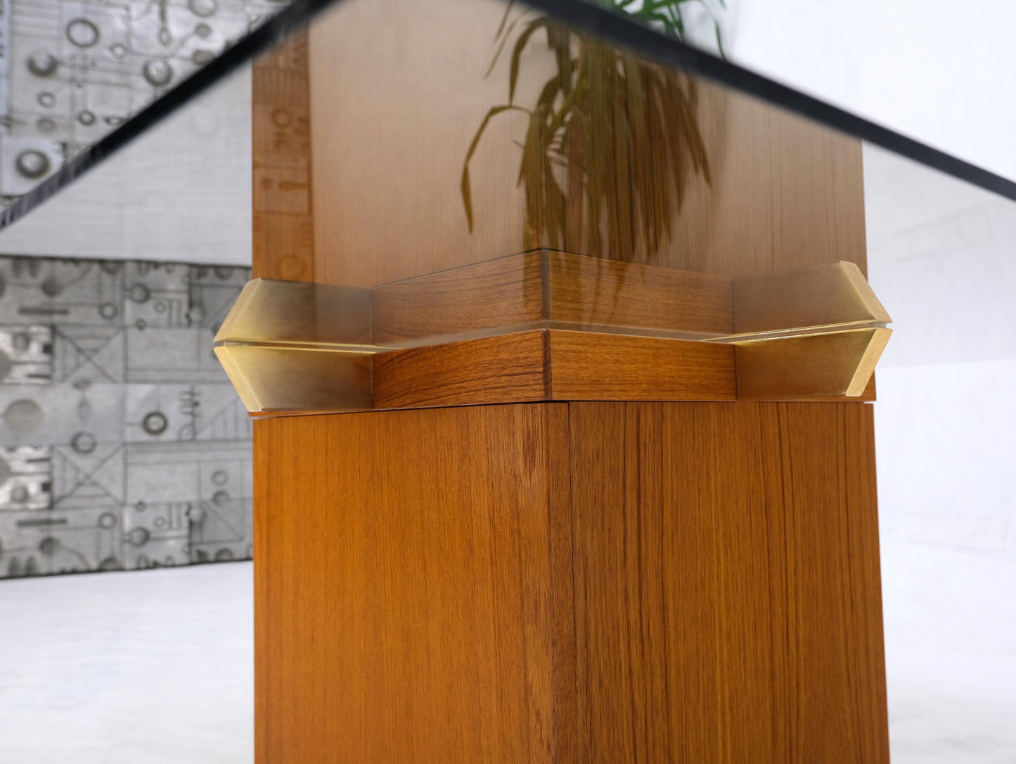 Teak Cube & Brass X Base Danish Modern Bronze Smoked Square Glass Coffee Table