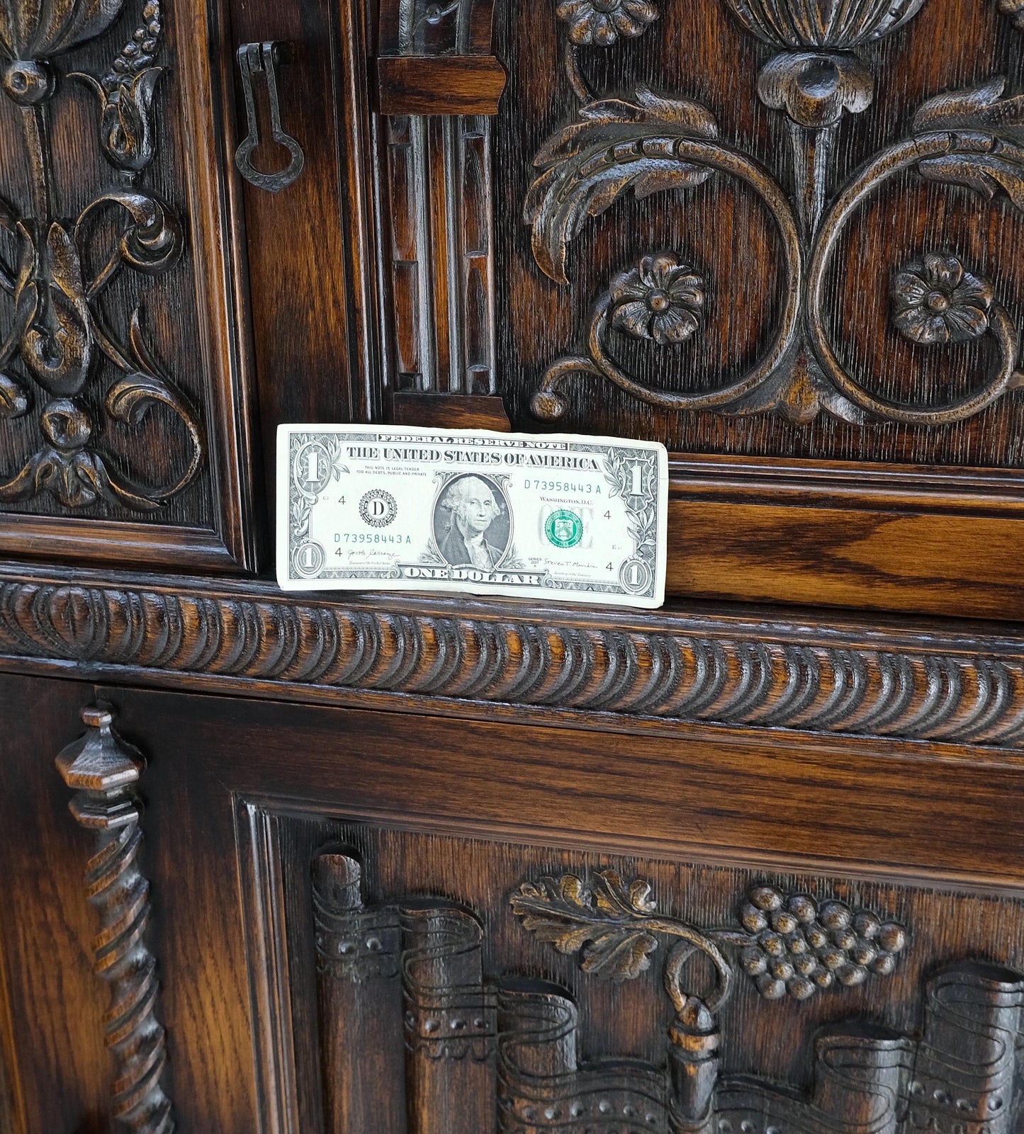 Antique Carved Oak Two Doors Jacobean Style China Cabinet Cupboard Hutch Buffet