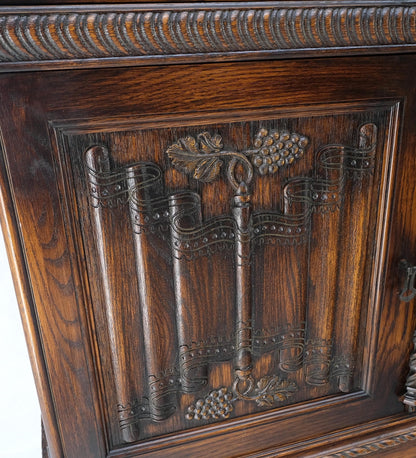 Antique Carved Oak Two Doors Jacobean Style China Cabinet Cupboard Hutch Buffet