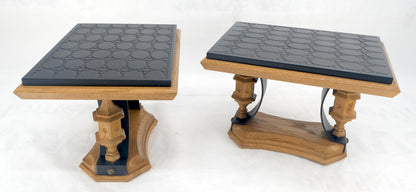 Pair Solid Oak Bases Etched Patterns 3/4" Slate Top Rectangle End Side Table