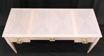 Baker Bleached Walnut Lucite & Brass Pulls 4 Drawer Low Profile Desk Console